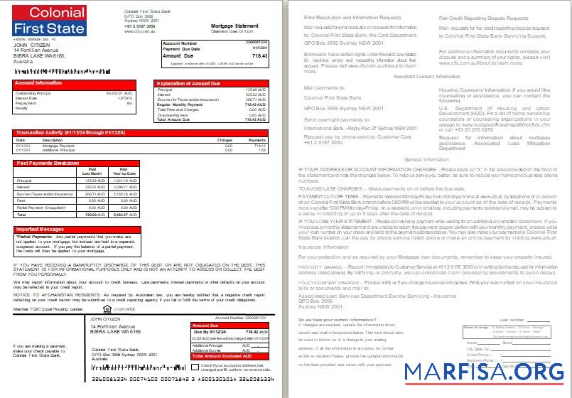 Downloadable Australia Colonial First State Bank mortgage statement, 2 pages, 1 2 scr example